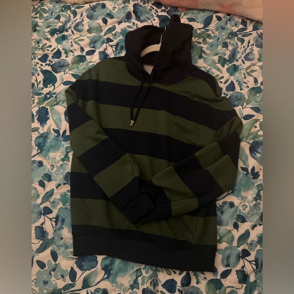Mens Green & Blue Striped Hoodie Skater Size S Boxy Fit